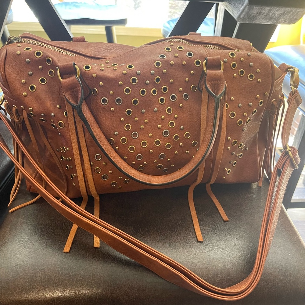 Brown tassel studded shoulder bag tote